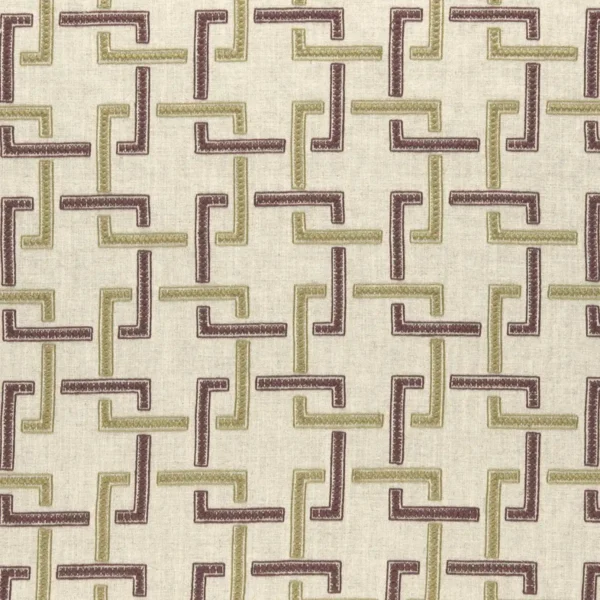 Sekai Fabric - Orchid / Willow by green geometric embroideried fabric from Clarke & Clarke
