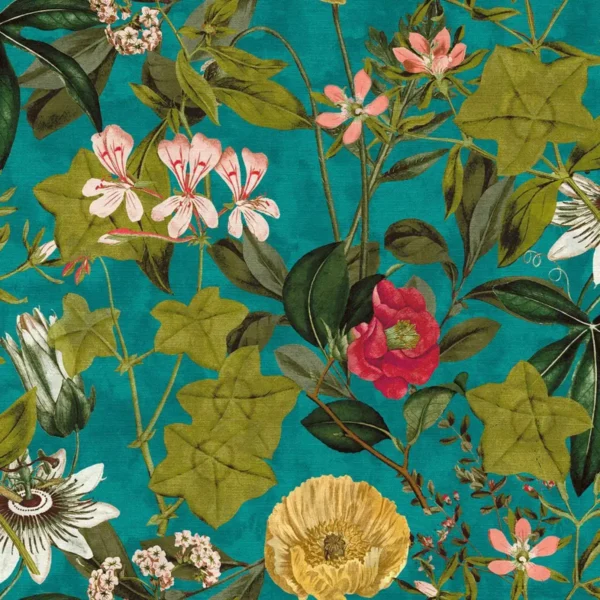 Passiflora Fabric - Kingfisher by green botanical velvet-chenille fabric from Clarke & Clarke