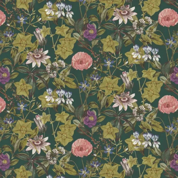 Passiflora Fabric - Emerald by green botanical velvet-chenille fabric from Clarke & Clarke