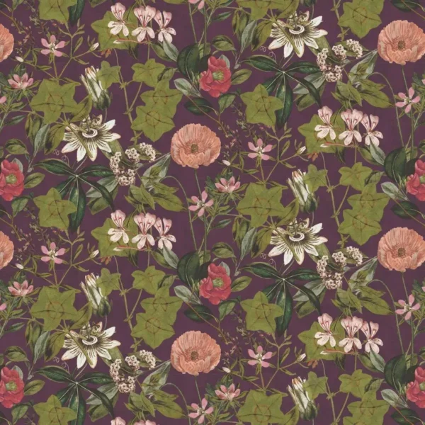 Passiflora Fabric - Mulberry by green botanical velvet-chenille fabric from Clarke & Clarke