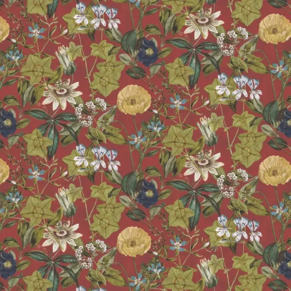 Passiflora Fabric - Rouge by green botanical velvet-chenille fabric from Clarke & Clarke
