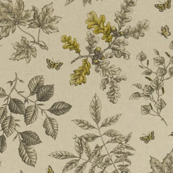 Hortus Fabric - Charcoal / Ochre by black-grey botanical printed fabric from Clarke & Clarke
