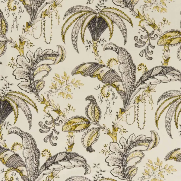 Ophelia Fabric - Charcoal / Ochre by black-grey botanical printed fabric from Clarke & Clarke