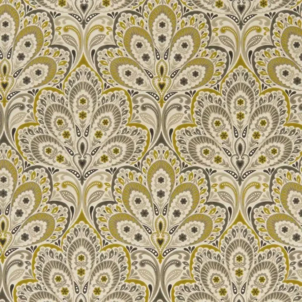 Persia Fabric - Charcoal / Ochre by black-grey botanical printed fabric from Clarke & Clarke