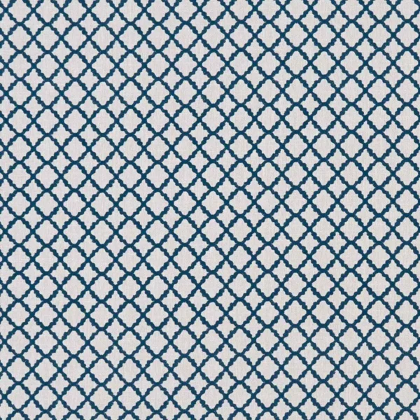 blue geometric embroideried fabric from Clarke & Clarke
