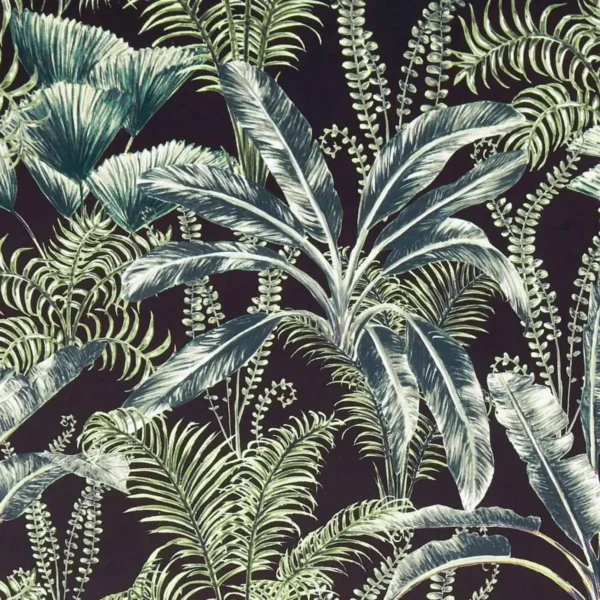 Majorelle Velvet Fabric - Charcoal by black-grey botanical cotton fabric from Clarke & Clarke
