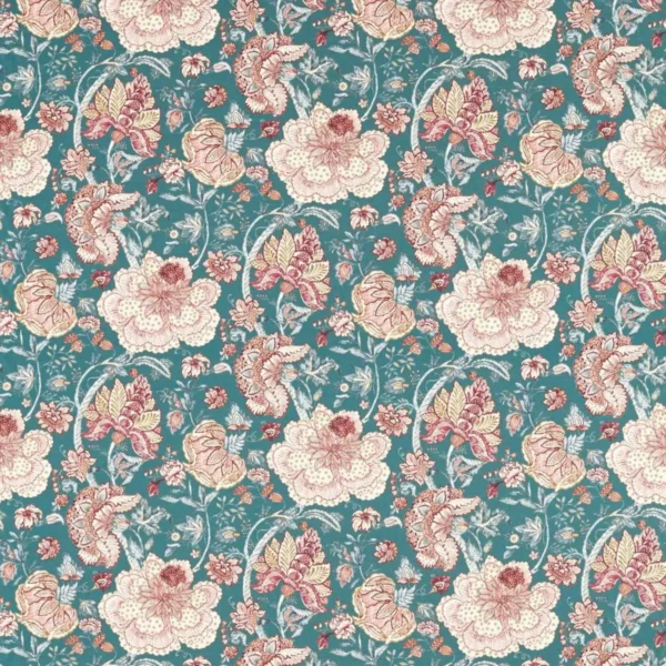 Lucienne Fabric - Teal by green botanical printed fabric from Clarke & Clarke