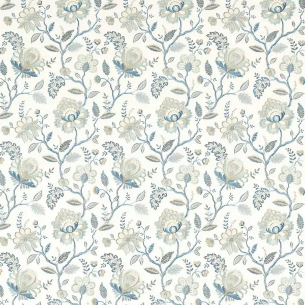 Adeline Fabric - Denim / Midnight by blue botanical embroideried fabric from Clarke & Clarke