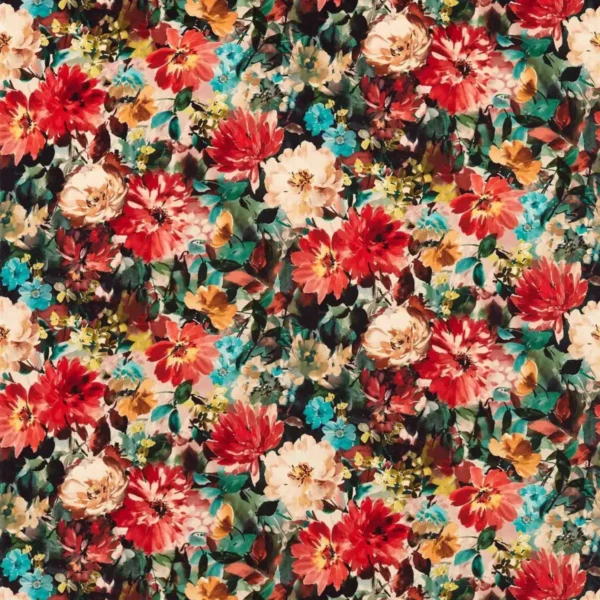 Tahiti Fabric - Rouge by multicolour botanical velvet-chenille fabric from Clarke & Clarke