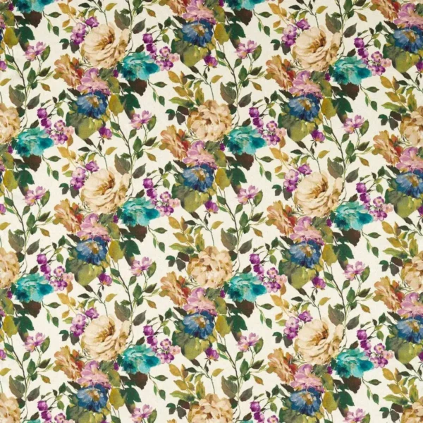 Bloom Fabric - Amethyst by multicolour botanical printed fabric from Clarke & Clarke