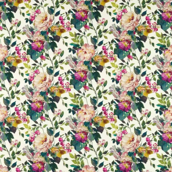 Bloom Fabric - Fuchsia by multicolour botanical printed fabric from Clarke & Clarke