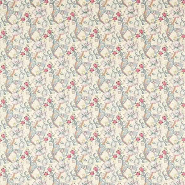 Golden Lily Fabric - Dove / Plum by white botanical cotton fabric from Clarke & Clarke