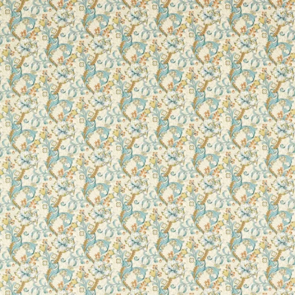 Golden Lily Fabric - Linen / Teal by neutral botanical cotton fabric from Clarke & Clarke