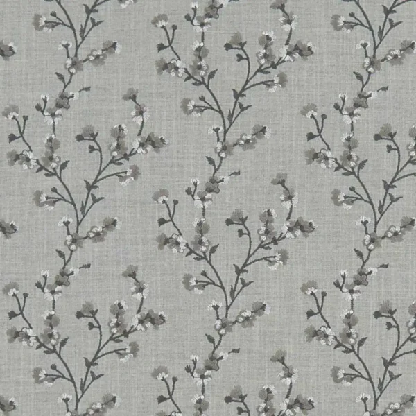 Blossom Fabric - Charcoal by black-grey botanical embroideried fabric from Clarke & Clarke