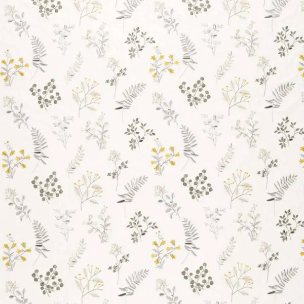 Brigitte Fabric - Pewter / Chartreuse by black-grey botanical embroideried fabric from Clarke & Clarke