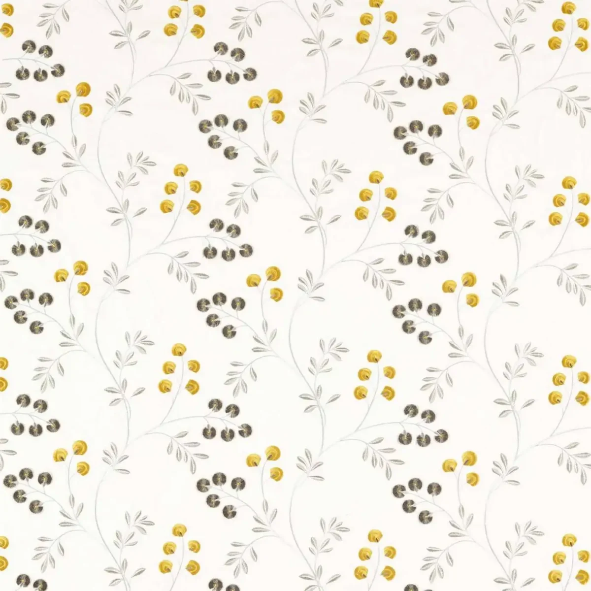 Rochelle Fabric - Pewter / Chartreuse by white botanical embroideried fabric from Clarke & Clarke