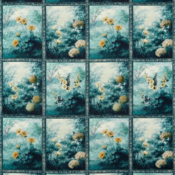 Artus Fabric - Denim / Ochre by blue botanical printed fabric from Clarke & Clarke