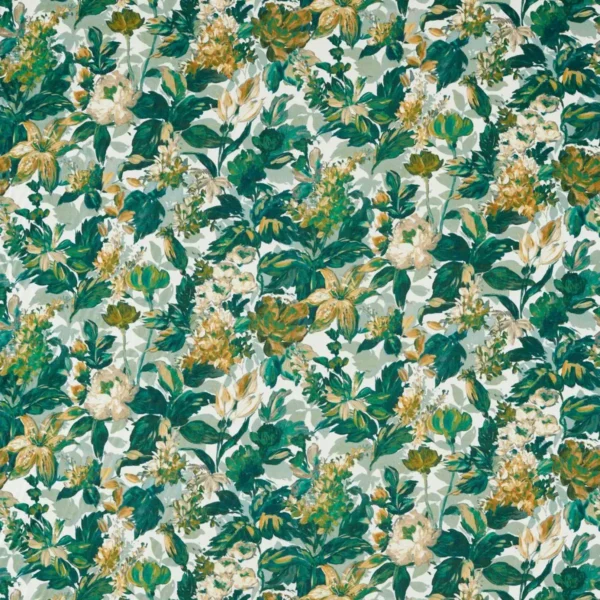 Lilum Fabric - Glade by green botanical printed fabric from Clarke & Clarke