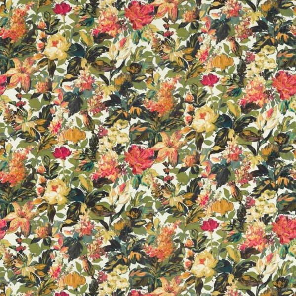 Lilum Fabric - Olive / Raspberry by multicolour botanical printed fabric from Clarke & Clarke