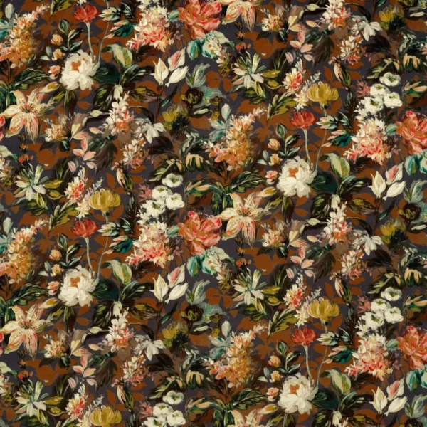 Lilum Fabric - Russet / Noir by brown botanical velvet-chenille fabric from Clarke & Clarke