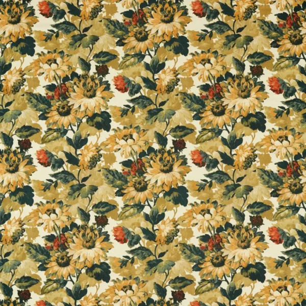 Sunforest Fabric - Olive / Russet by yellow botanical printed fabric from Clarke & Clarke