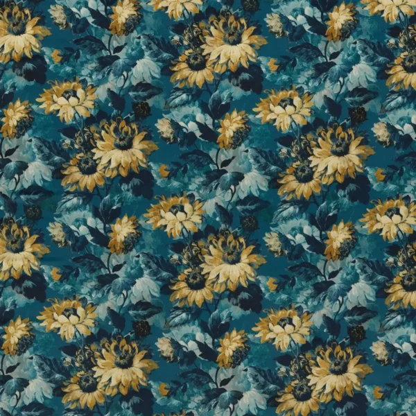 blue botanical velvet-chenille fabric from Clarke & Clarke