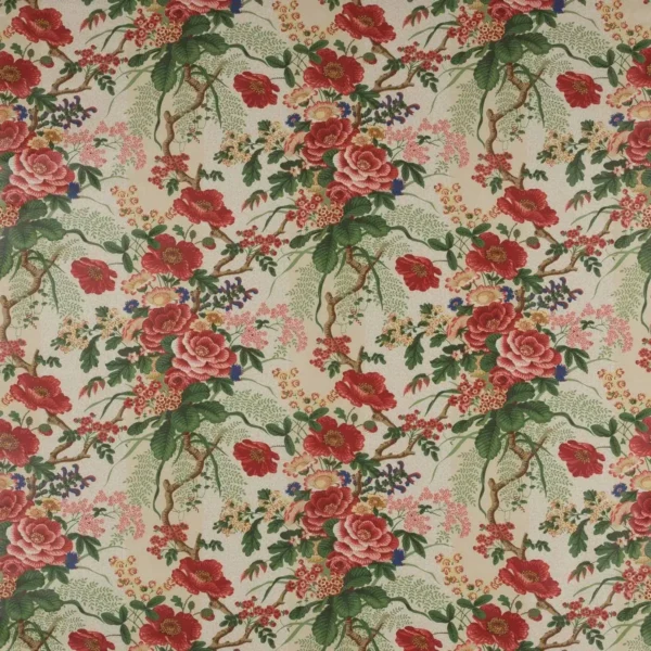 Tree Poppy Fabric - Red / Green by green botanical cotton fabric from Colefax & Fowler