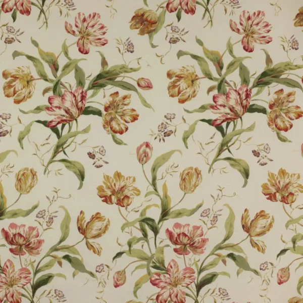 Delft Tulips Fabric - Pink / Ochre by green botanical cotton fabric from Colefax & Fowler