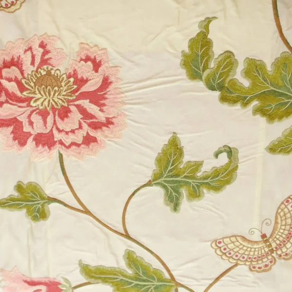 Oriental Poppy Fabric - Pink / Green by neutral botanical embroideried fabric from Colefax & Fowler
