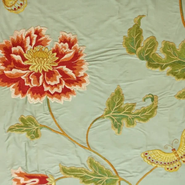 Oriental Poppy Fabric - Aqua by green botanical embroideried fabric from Colefax & Fowler