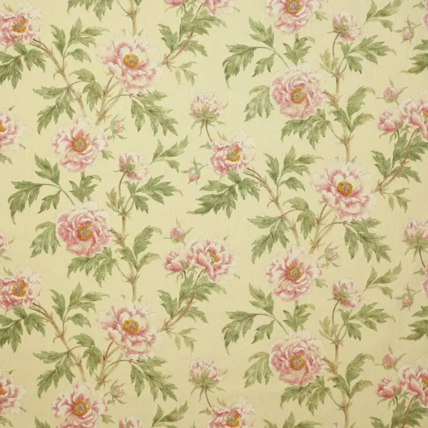 Tree Peony Fabric - Pink / Green by yellow botanical linen fabric from Colefax & Fowler