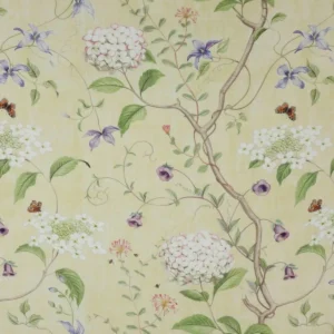 yellow botanical linen fabric from Colefax & Fowler