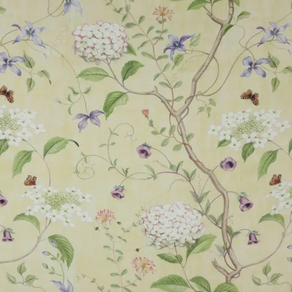 yellow botanical linen fabric from Colefax & Fowler