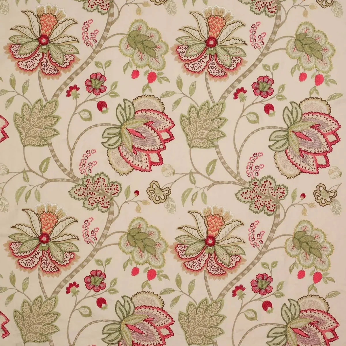 Baptista Linen Fabric - Pink / Green by green botanical embroideried fabric from Colefax & Fowler