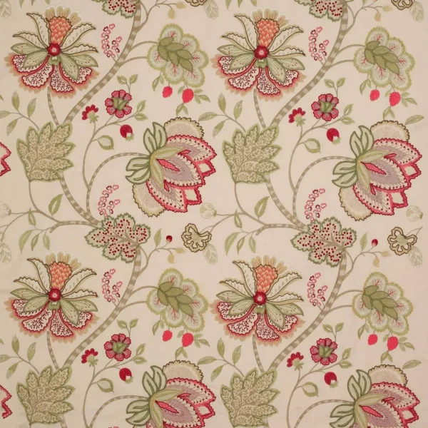 Baptista Linen Fabric - Pink / Green by green botanical embroideried fabric from Colefax & Fowler