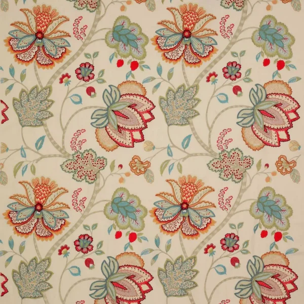 Baptista Linen Fabric - Red / Sage by multicolour botanical embroideried fabric from Colefax & Fowler