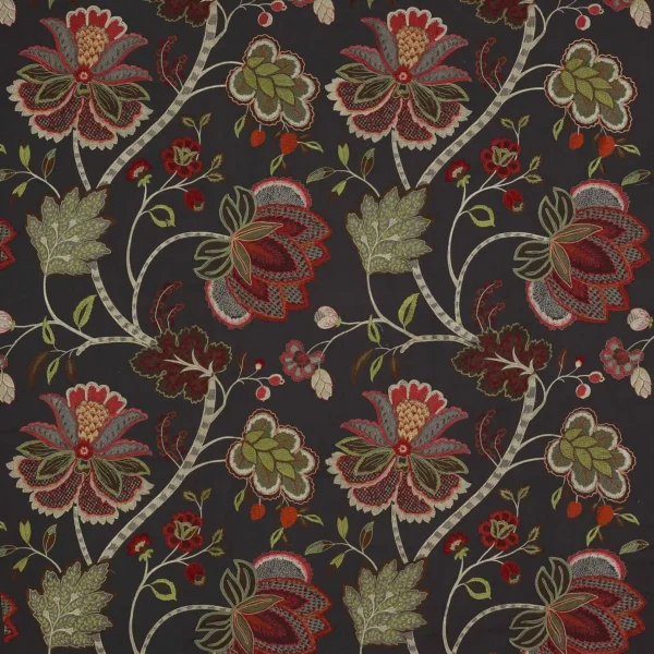 Baptista Linen Fabric - Charcoal by black-grey botanical embroideried fabric from Colefax & Fowler