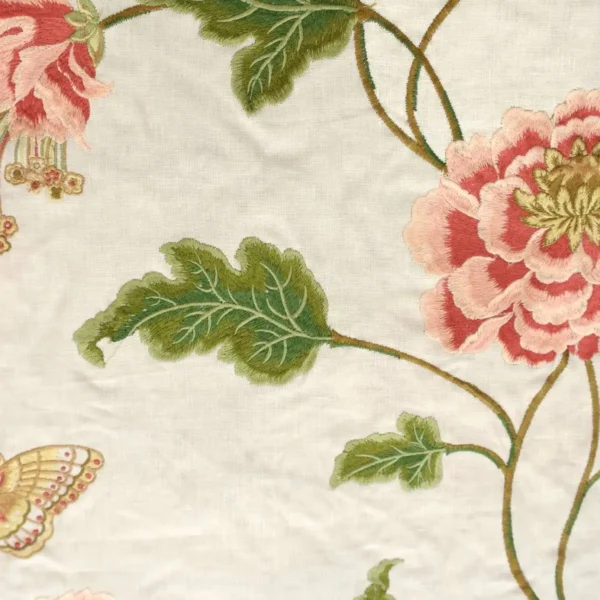 Oriental Poppy Linen Fabric - Pink / Green by pink botanical embroideried fabric from Colefax & Fowler