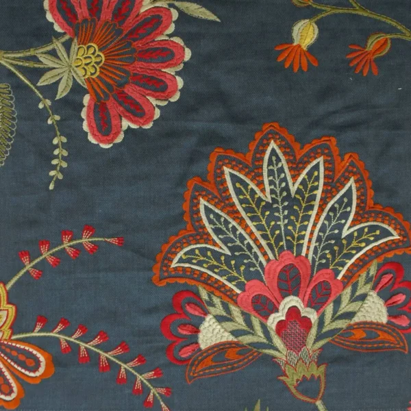 Loredana Fabric - Navy by blue botanical embroideried fabric from Colefax & Fowler