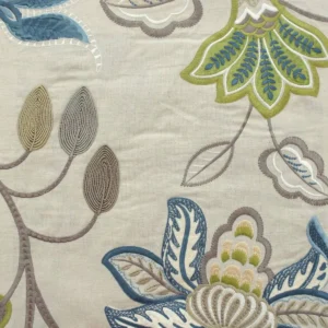 blue botanical embroideried fabric from Colefax & Fowler