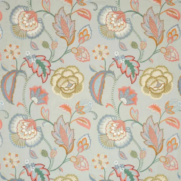 blue botanical embroideried fabric from Colefax & Fowler