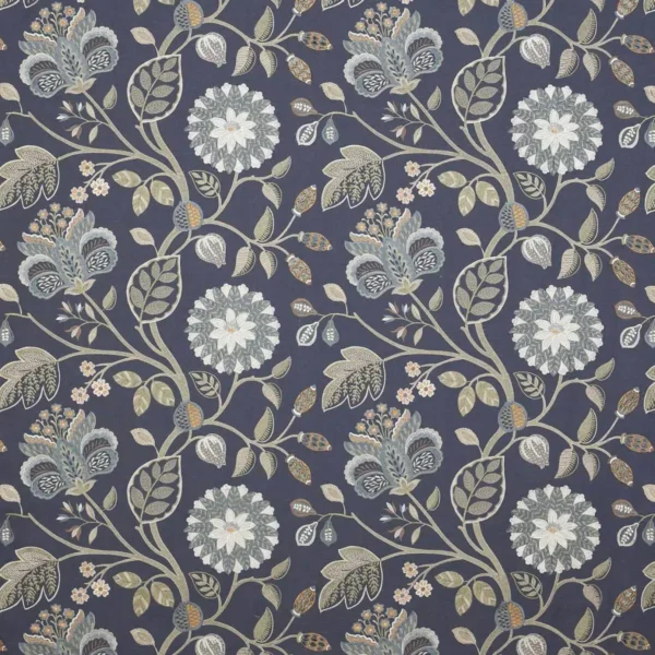Adeline Fabric - Navy by blue botanical embroideried fabric from Colefax & Fowler