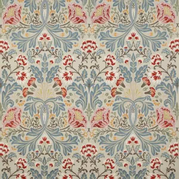 Acantha Fabric - Tomato / Blue by multicolour botanical embroideried fabric from Colefax & Fowler
