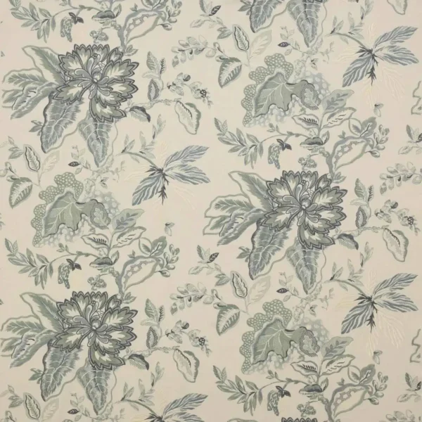 blue botanical embroideried fabric from Colefax & Fowler