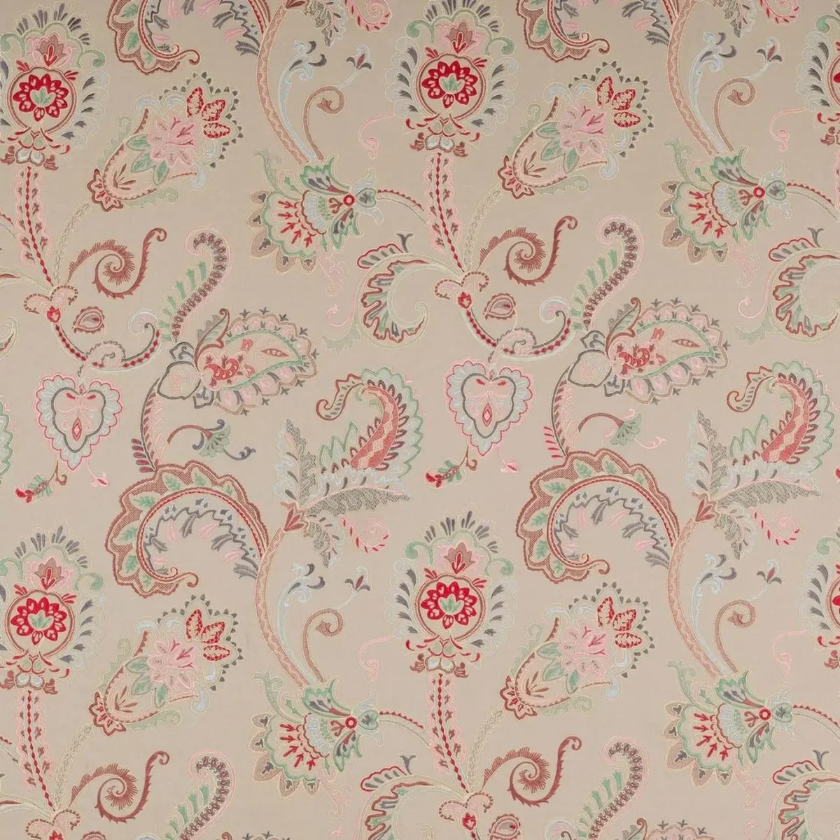 Carsina Fabric - Red / Sage by black-grey botanical embroideried fabric from Colefax & Fowler