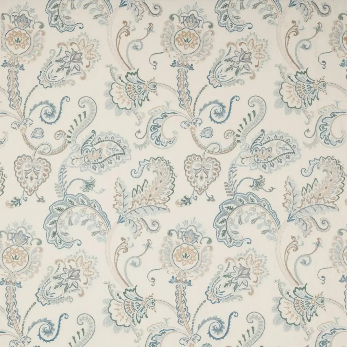 blue botanical embroideried fabric from Colefax & Fowler