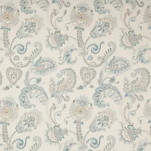 blue botanical embroideried fabric from Colefax & Fowler