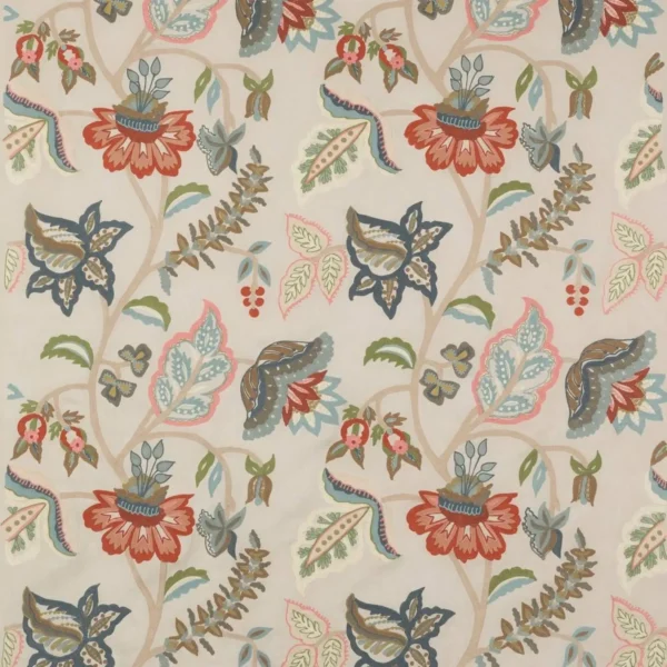 Somerton Fabric - Coral / Aqua by blue botanical embroideried fabric from Colefax & Fowler