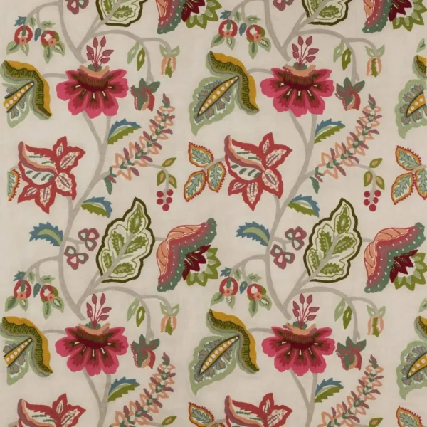 Somerton Fabric - Pink / Green by multicolour botanical embroideried fabric from Colefax & Fowler
