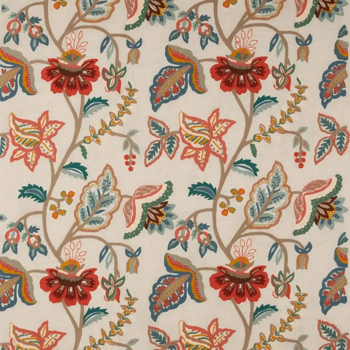 Somerton Fabric - Tomato / Blue by multicolour botanical embroideried fabric from Colefax & Fowler